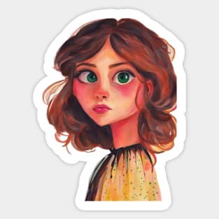 Whimsical Cute Brunette Girl Artwork Sticker
